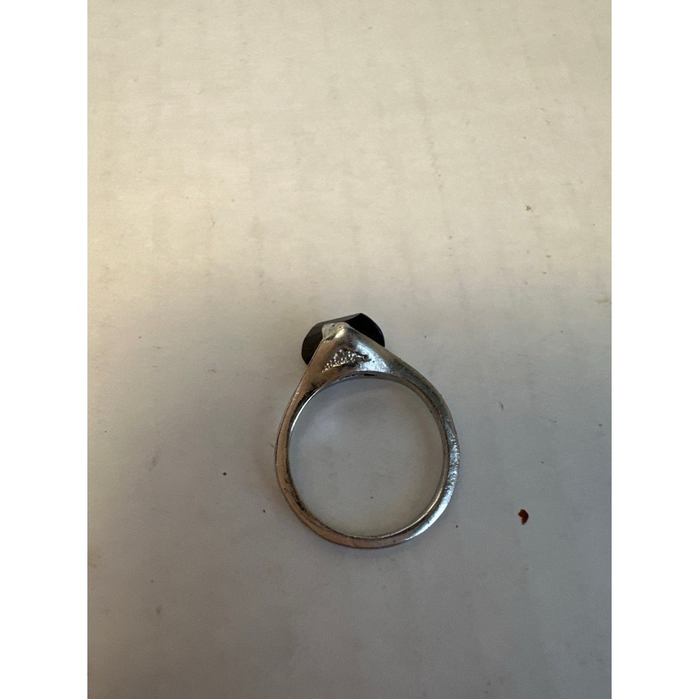 Vintage Signed Avon Silver Tone Faceted Black Stone Solitaire Ring Size 7